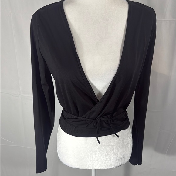 Popilush Black Long Sleeve Wrap Blouse with Tie Front - Picture 1 of 7